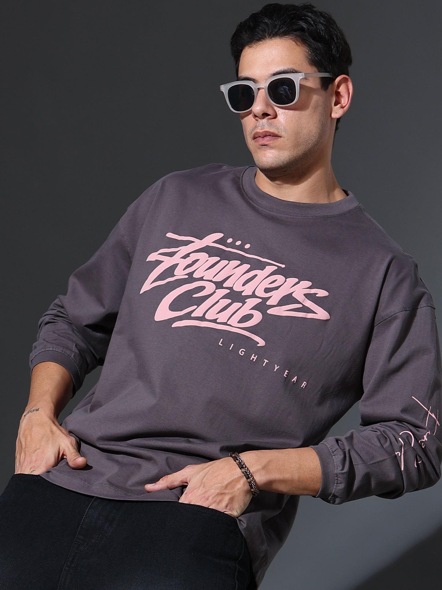 100/100 Founders Club Limited Edition Full Sleeve Oversized Tee (Elephant Grey)